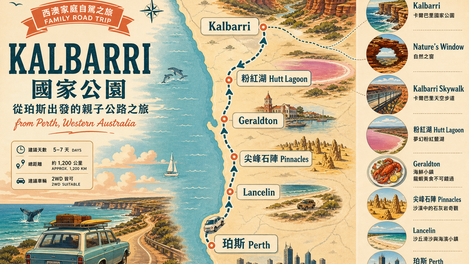 西澳 Kalbarri 從珀斯、Lancelin、尖峰石陣、Geraldton、Hutt Lagoon 到 Nature’s Window 與 Skywalk 的相對位置示意圖