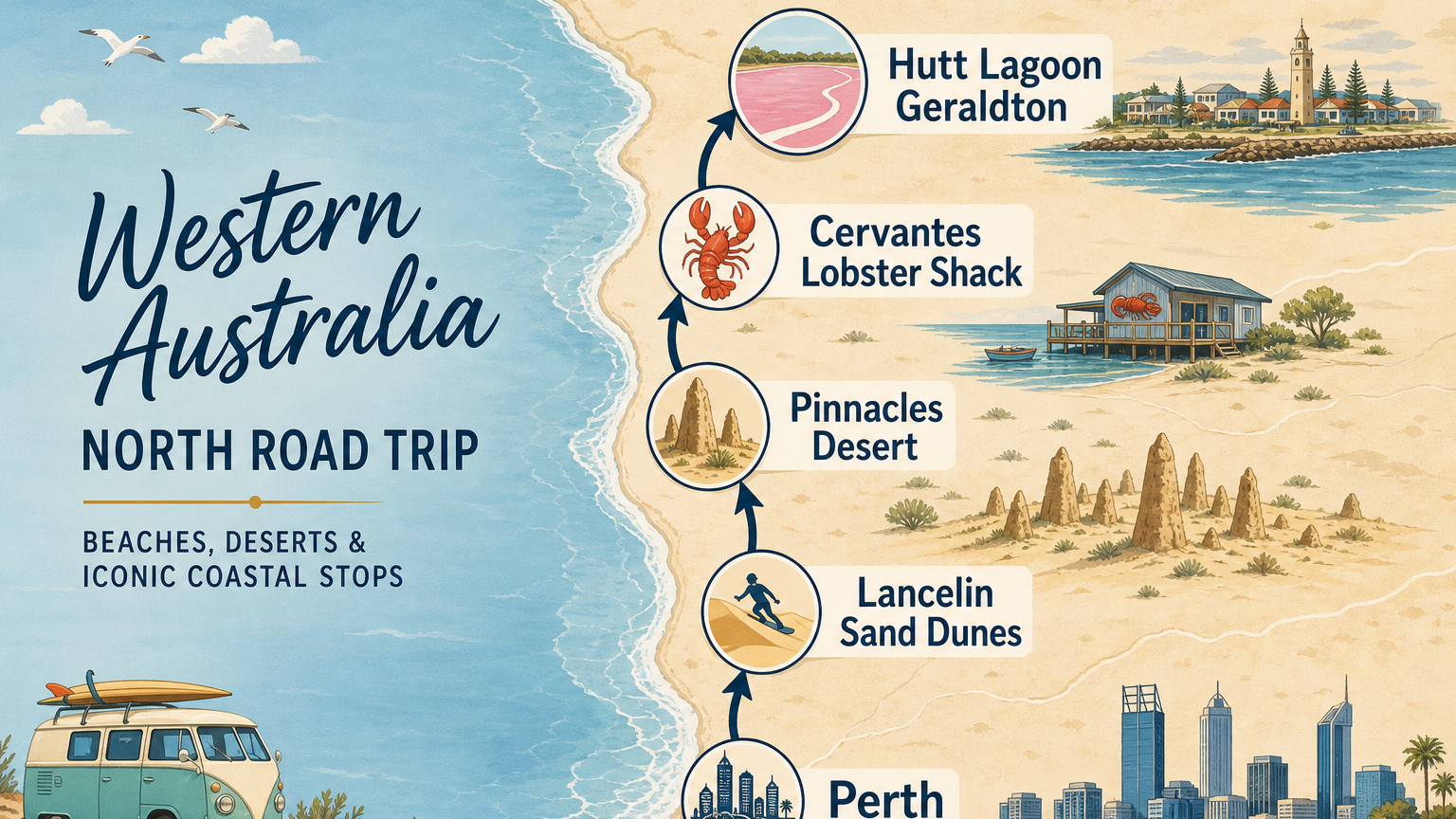 Perth 到 Lancelin Sand Dunes、Pinnacles Desert、Cervantes Lobster Shack、Hutt Lagoon 與 Geraldton 的西澳北線相對位置示意圖