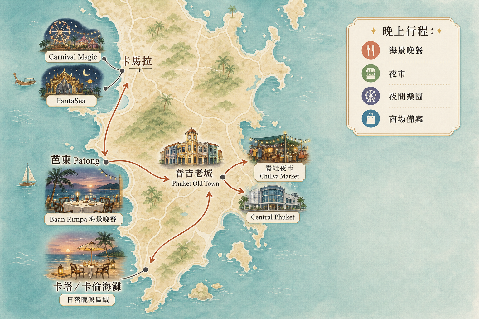 普吉島晚上行程相對位置示意圖,幫助理解夜市夜間樂園與海景晚餐區域