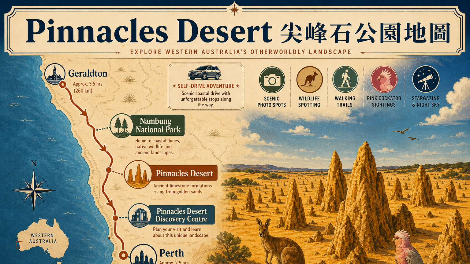 Pinnacles Desert 尖峰石公園西澳自駕景點地圖，標示 Perth、Geraldton、Nambung National Park、Pinnacles Desert 與 Discovery Centre 的相對位置