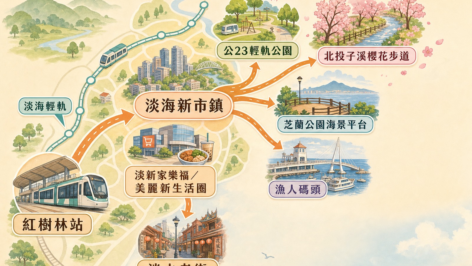 淡水新市鎮美食景點相對位置示意圖