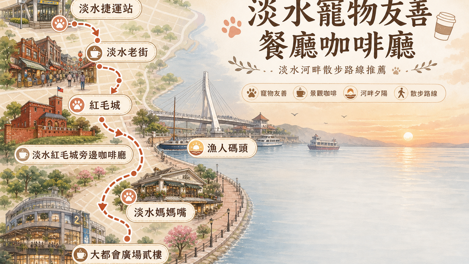 淡水寵物友善餐廳咖啡廳相對位置示意圖