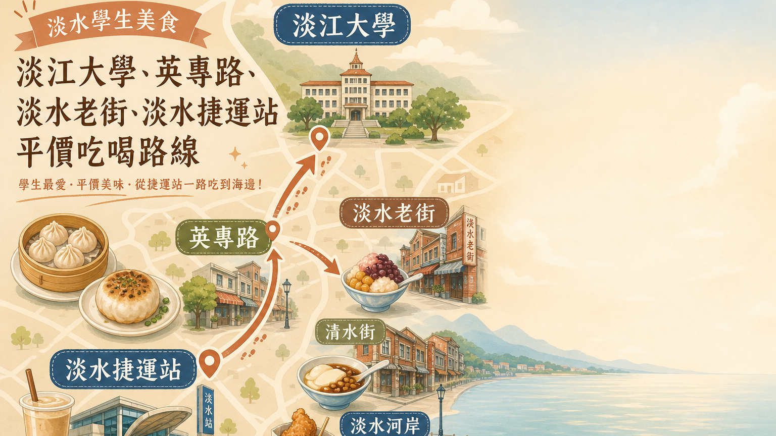 淡水學生美食淡江大學英專路相對位置示意圖