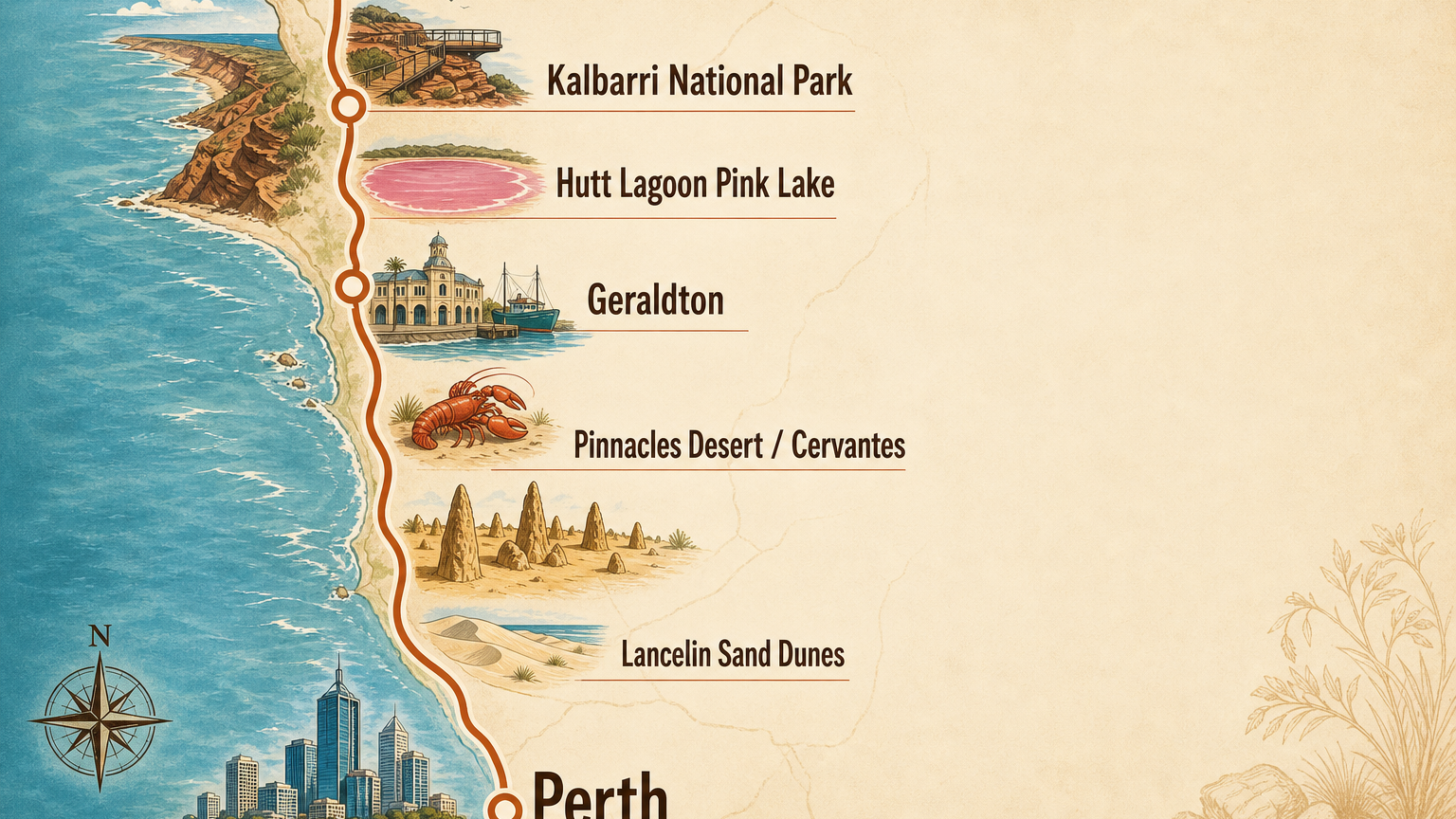Perth、Lancelin、尖峰石陣、Cervantes、Geraldton、Hutt Lagoon 與 Kalbarri 的西澳北線相對位置示意圖