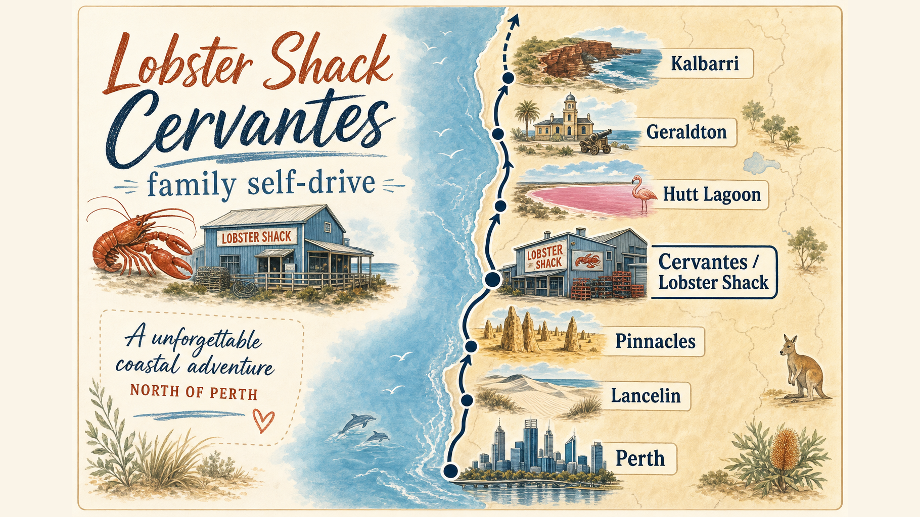 Perth、Lancelin、尖峰石陣、Cervantes Lobster Shack、Hutt Lagoon、Geraldton 與 Kalbarri 的西澳北線相對位置示意圖