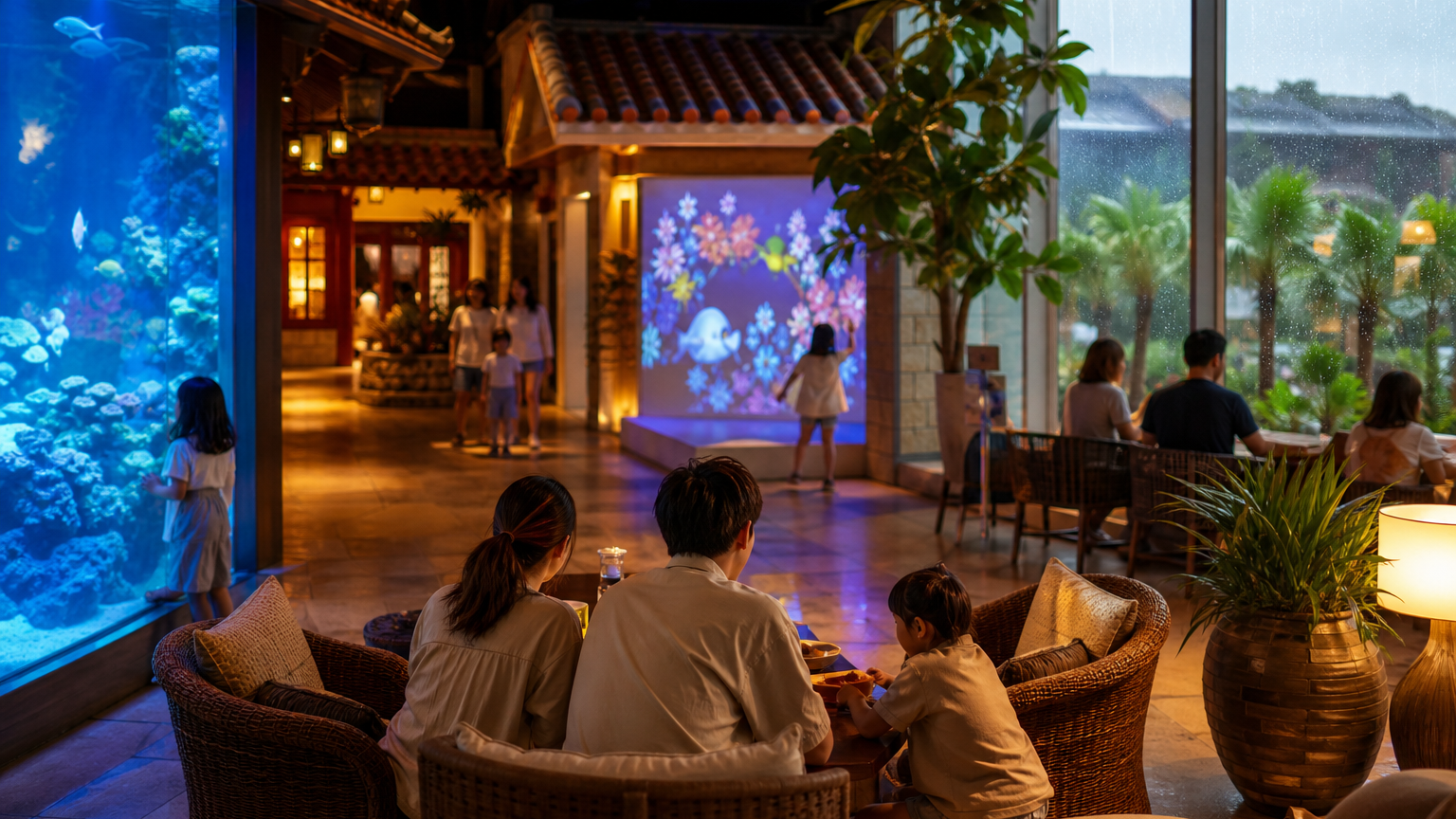 沖繩雨天親子室內景點水族館光影展文化村與飯店休息示意圖