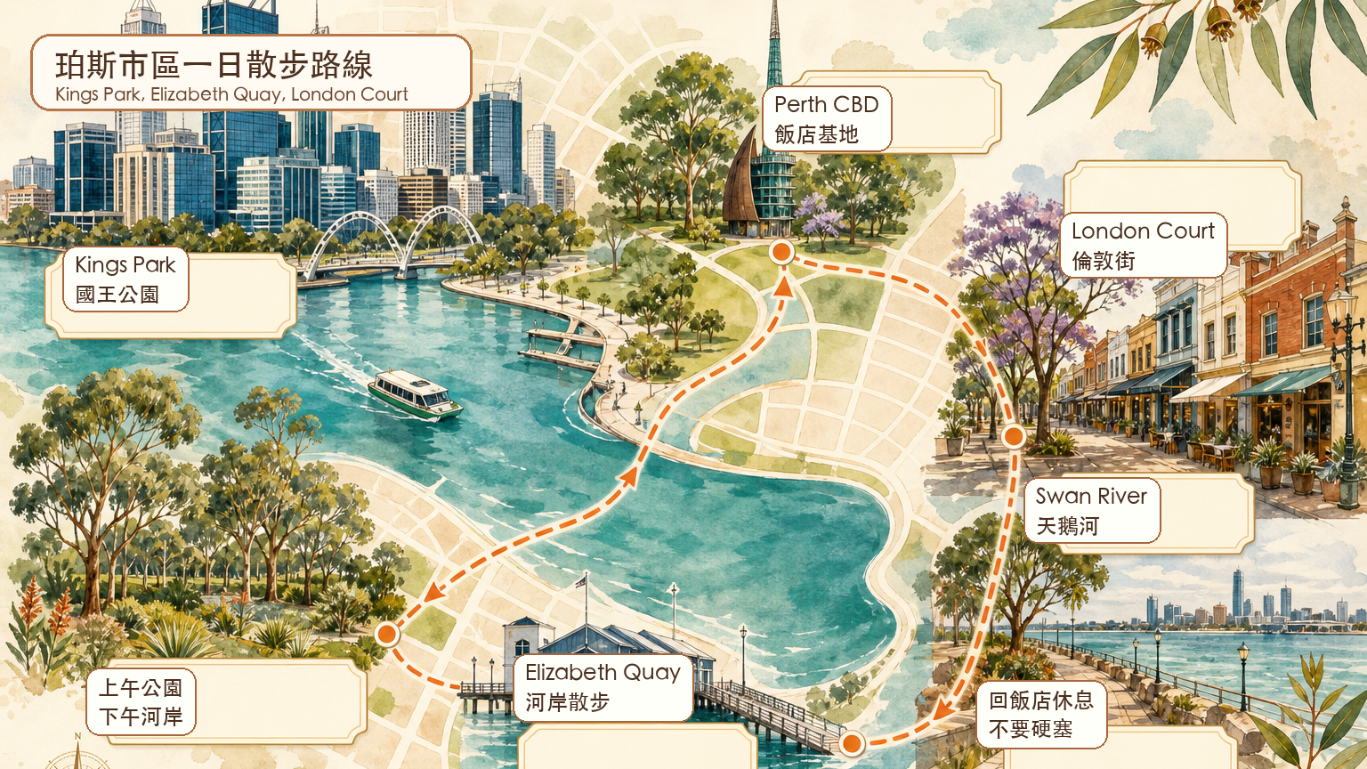 珀斯市區一日遊路線示意圖，標示 Kings Park、Elizabeth Quay、London Court、Swan River 與飯店基地相對位置