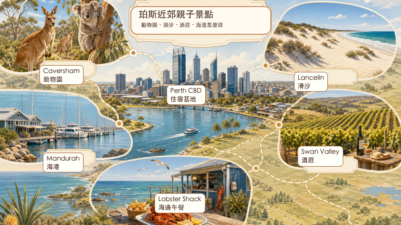 珀斯近郊親子景點示意圖，標示 Caversham、Lancelin、Mandurah、Swan Valley、Lobster Shack 與 Perth CBD 相對位置