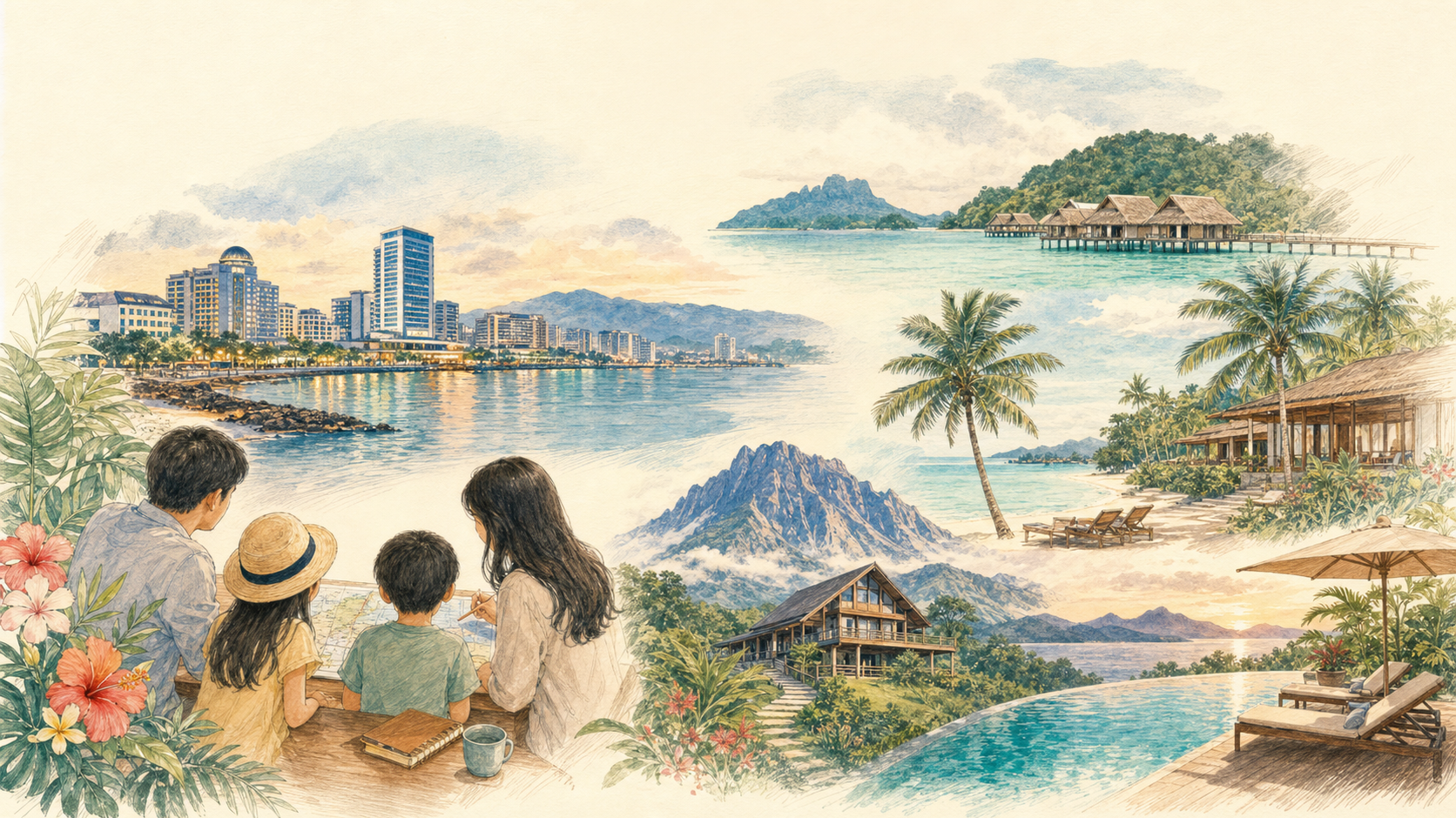沙巴住宿推薦區域比較概念插畫