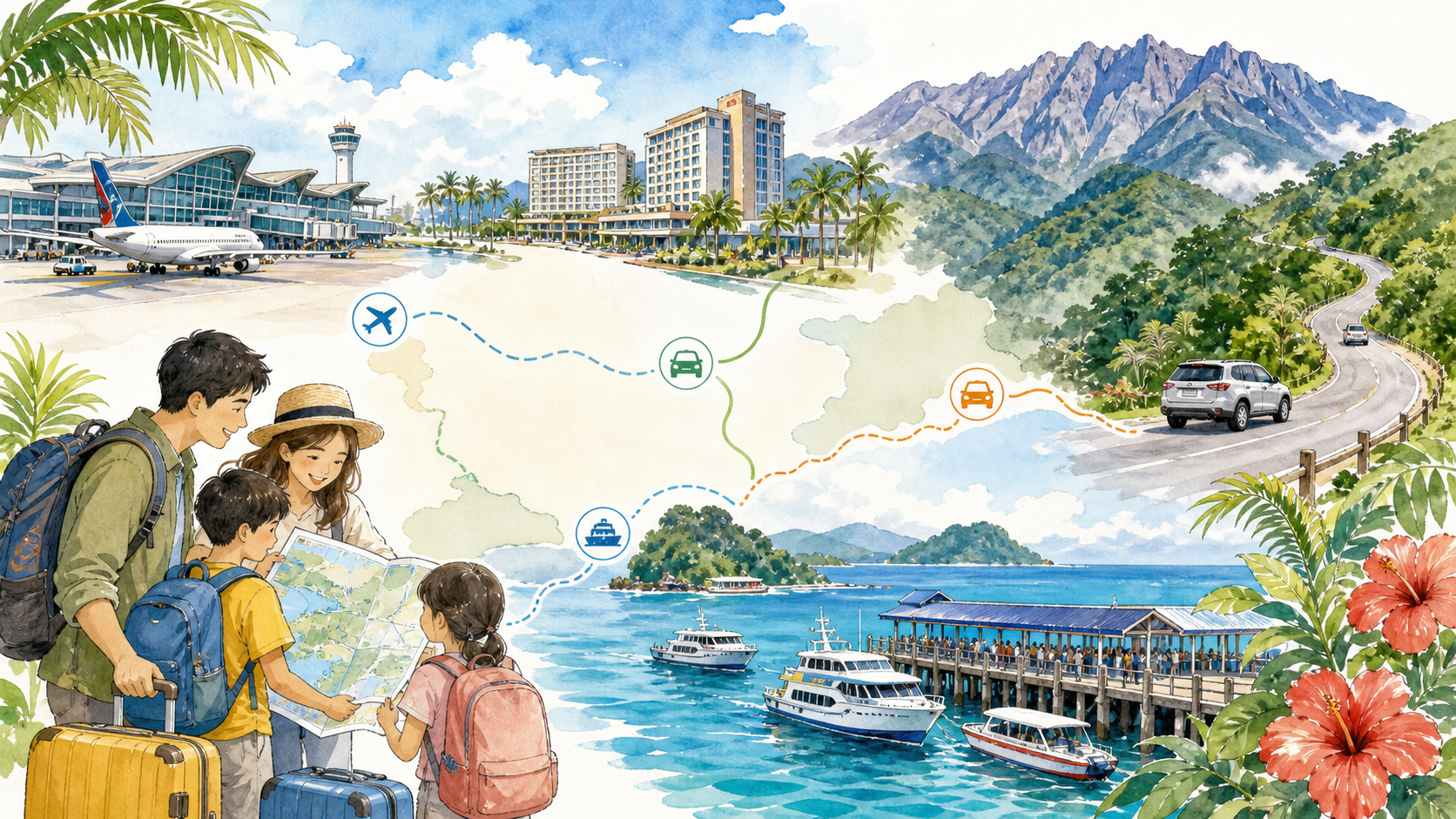 沙巴交通亞庇機場市區跳島與神山包車概念插畫
