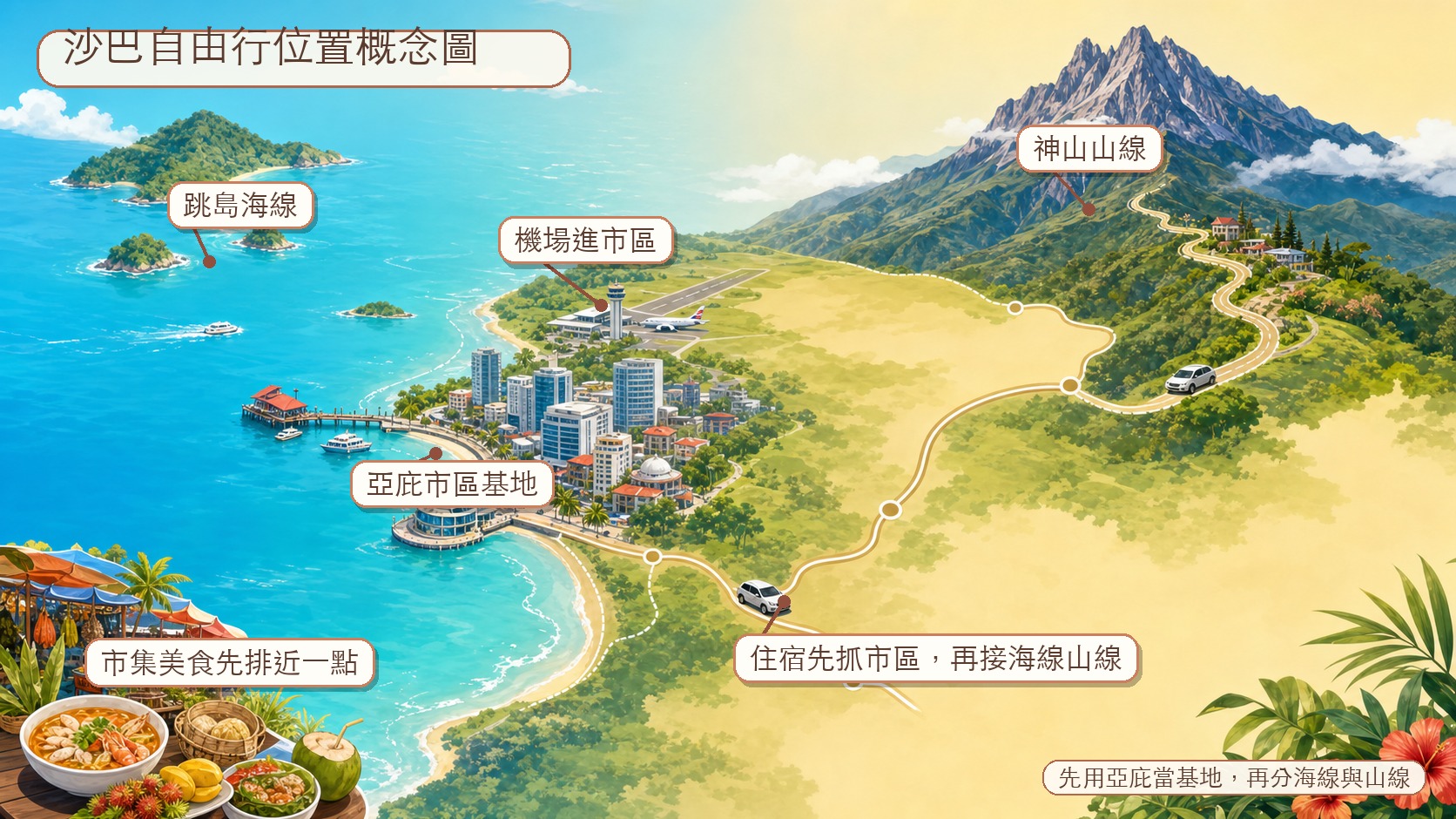 沙巴自由行位置概念圖:亞庇市區基地、跳島海線、神山山線與機場動線