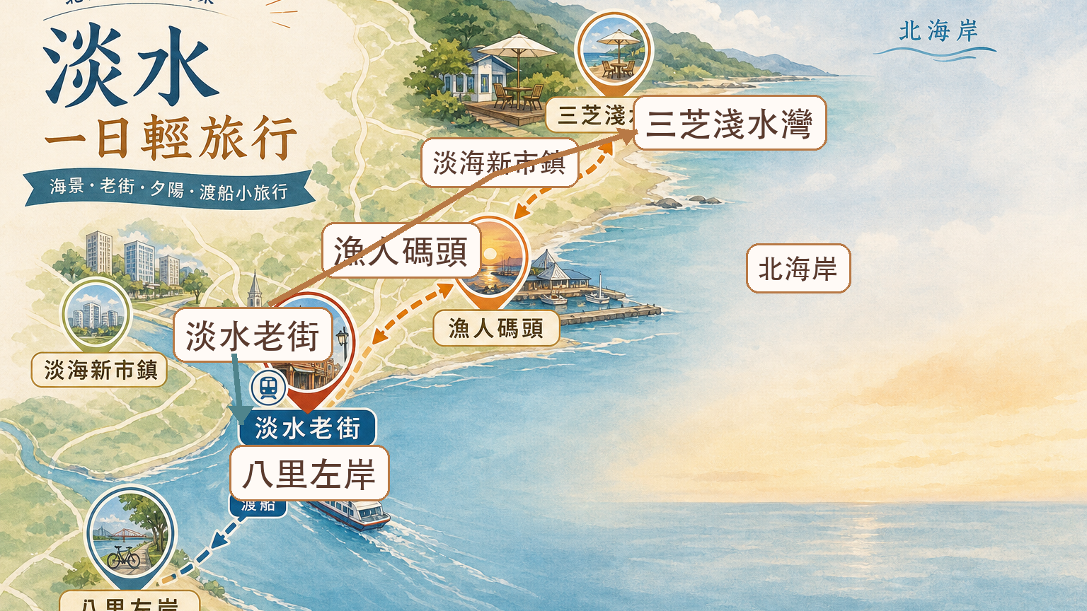 淡水北海岸三芝八里漁人碼頭相對位置示意圖