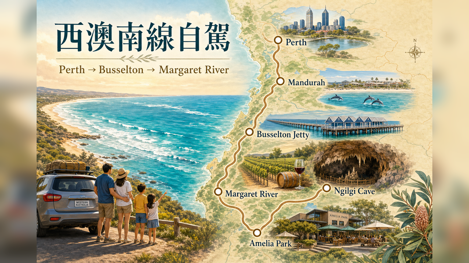 西澳南線自駕 Perth 到 Margaret River 路線示意圖