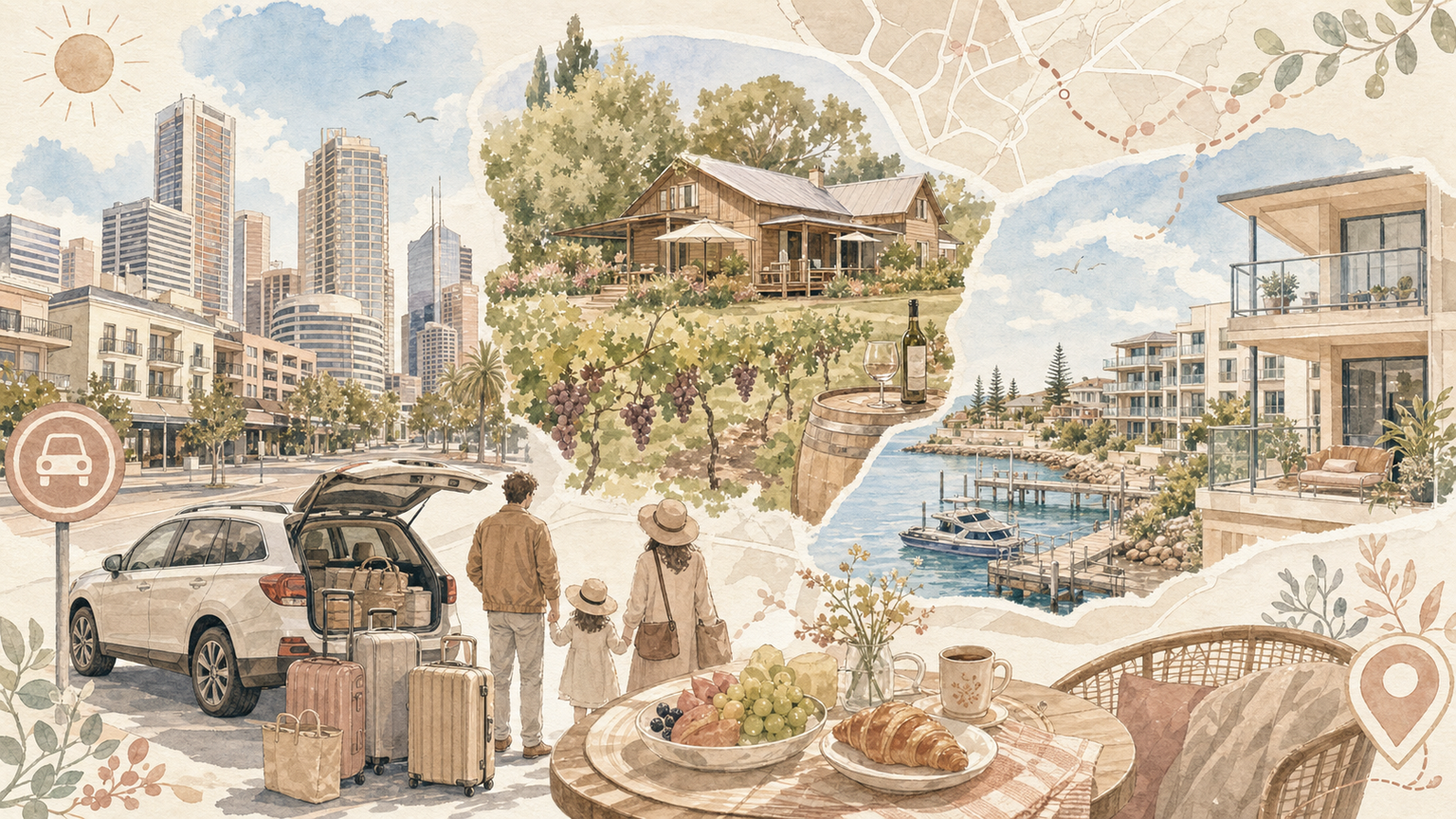 珀斯住宿推薦概念圖，呈現 Perth 市區飯店、Swan Valley 度假住宿、Mandurah 海港公寓與親子自駕行李